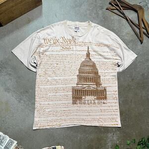 Vintage 90s Bayside “We The People” Constitution AOP Tee Tan Brown Mens XL Shirt